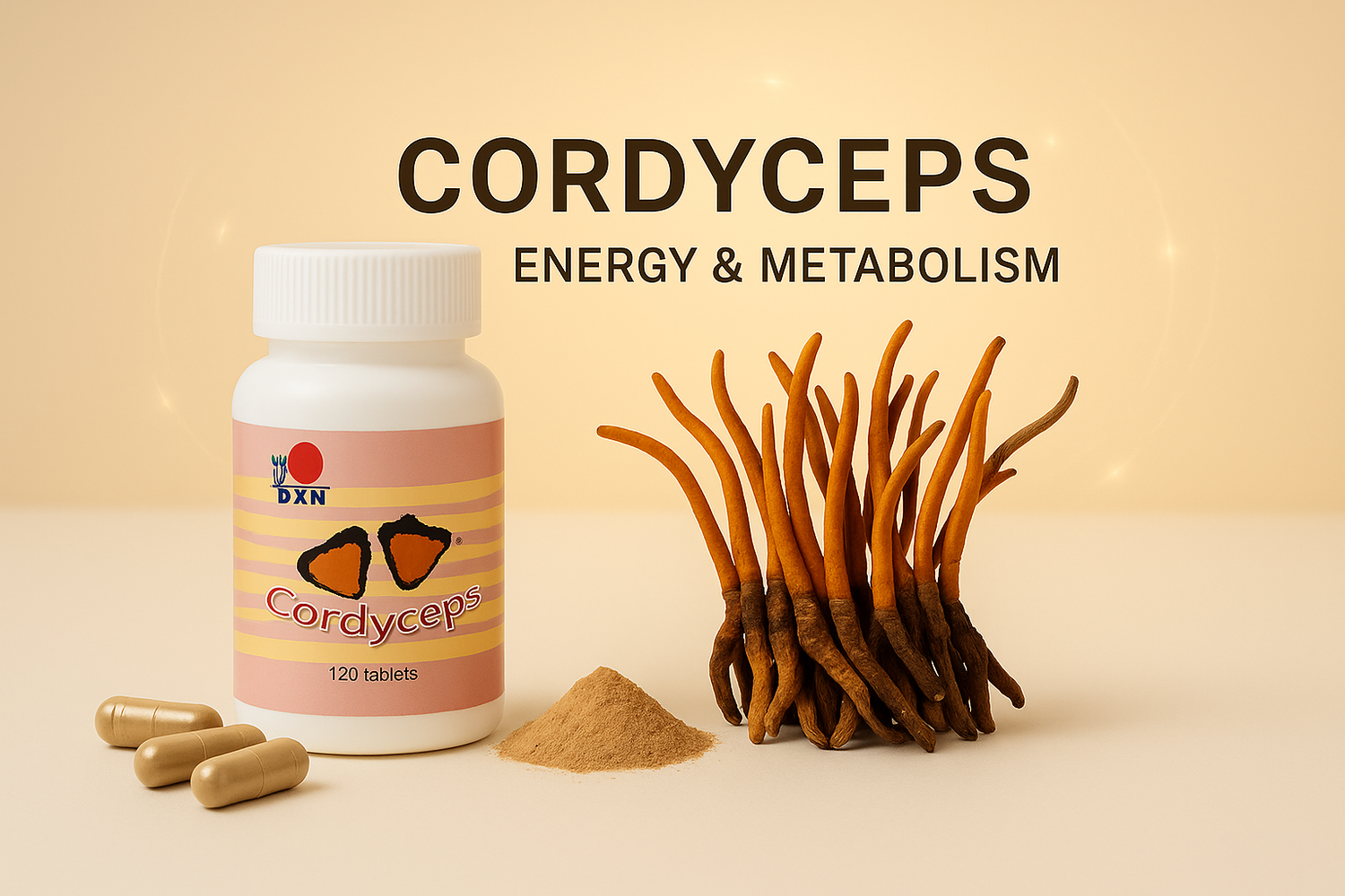 Composite image of DXN Cordyceps with the correct bottle with pink and yellow striped label overlaid on the warm beige background with cordyceps mushrooms, powder, and capsules