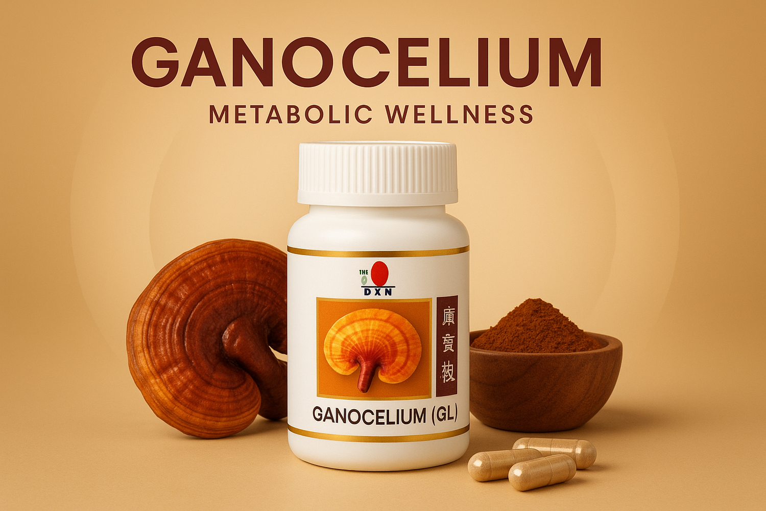 Professional product image for DXN Ganocelium with the exact bottle from the reference image on a warm golden-beige background, surrounded by ganoderma mushrooms, powder, and capsules
