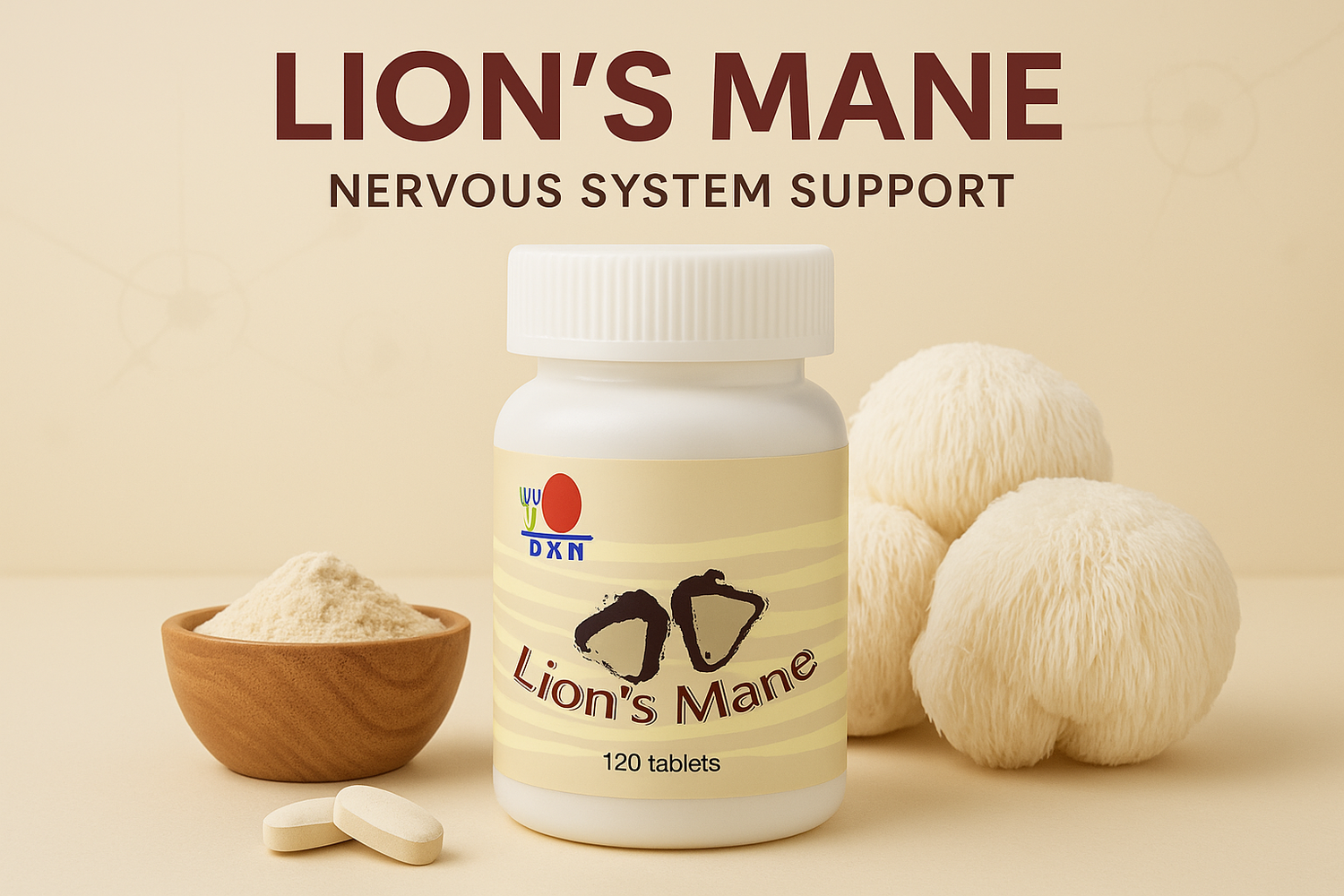 Professional product image for DXN Lion's Mane with the exact bottle from the reference image on a soft cream background, surrounded by lion's mane mushrooms, powder, and tablets