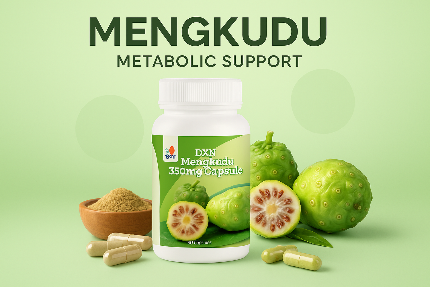 Professional product image for DXN Mengkudu with the bottle on a light green background, surrounded by noni fruits, powder, and capsules with "MENGKUDU" and "METABOLIC SUPPORT" text