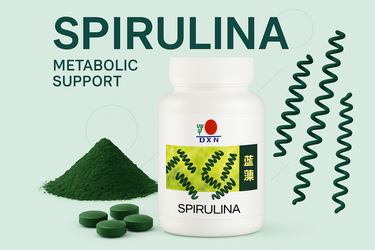 Professional product image of DXN Spirulina on a light mint green background with the bottle from the provided reference image, spirulina powder, tablets, and stylized text